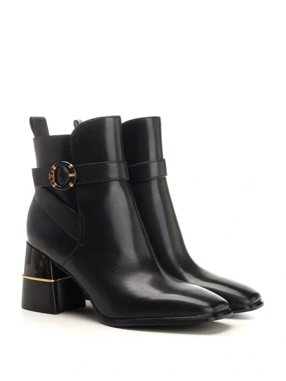 TORY BURCH Logo Buckle Square-Toe Ankle Boots in Black Leather 10 - Picture 14 of 14